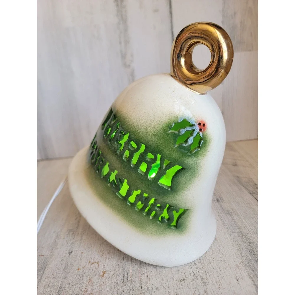 Large vintage Merry Christmas ceramic bell light up mistletoe white unique home